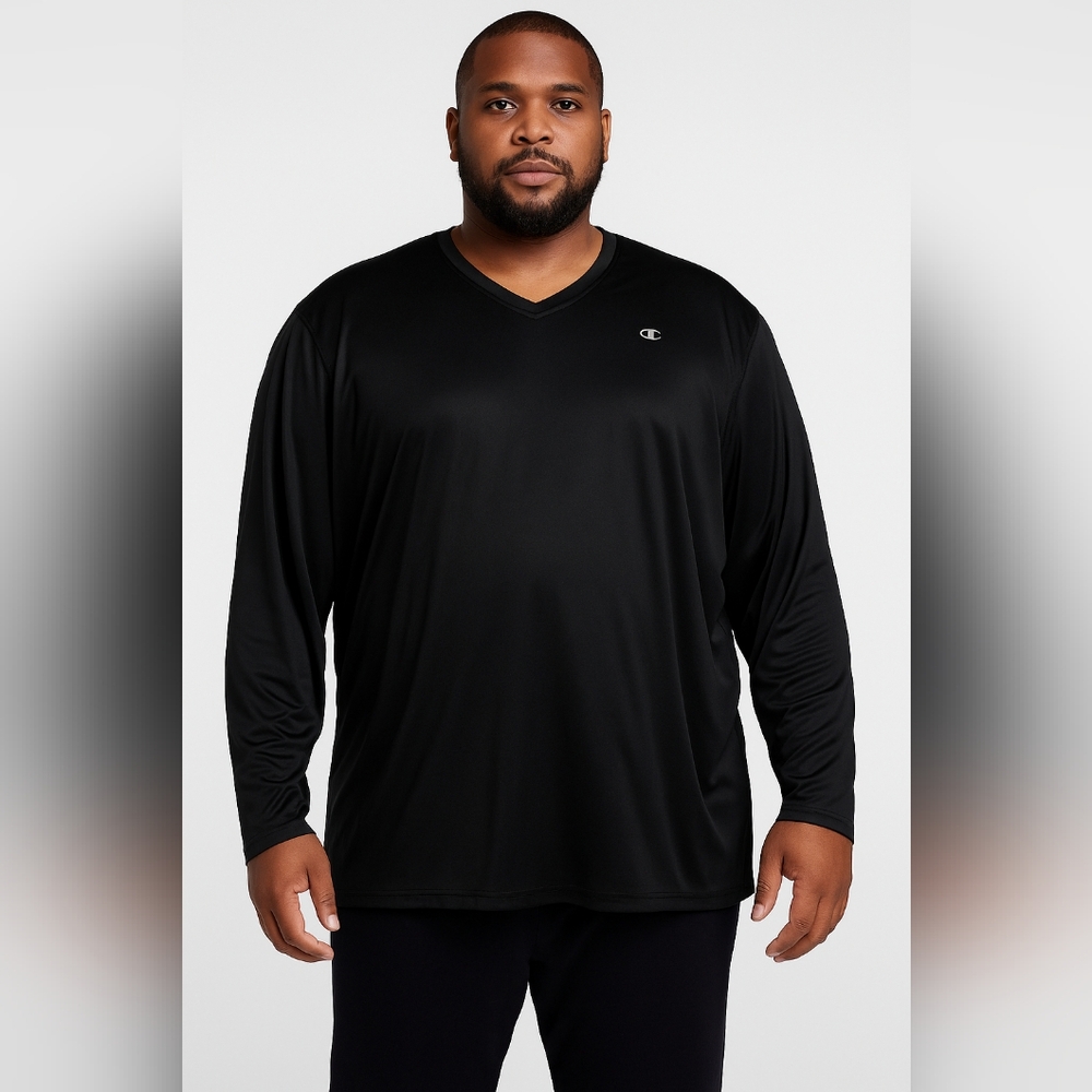 @) Champion Men’s Vapor 4X Black Long Sleeve Tagless Tee | C Logo | Plus Size